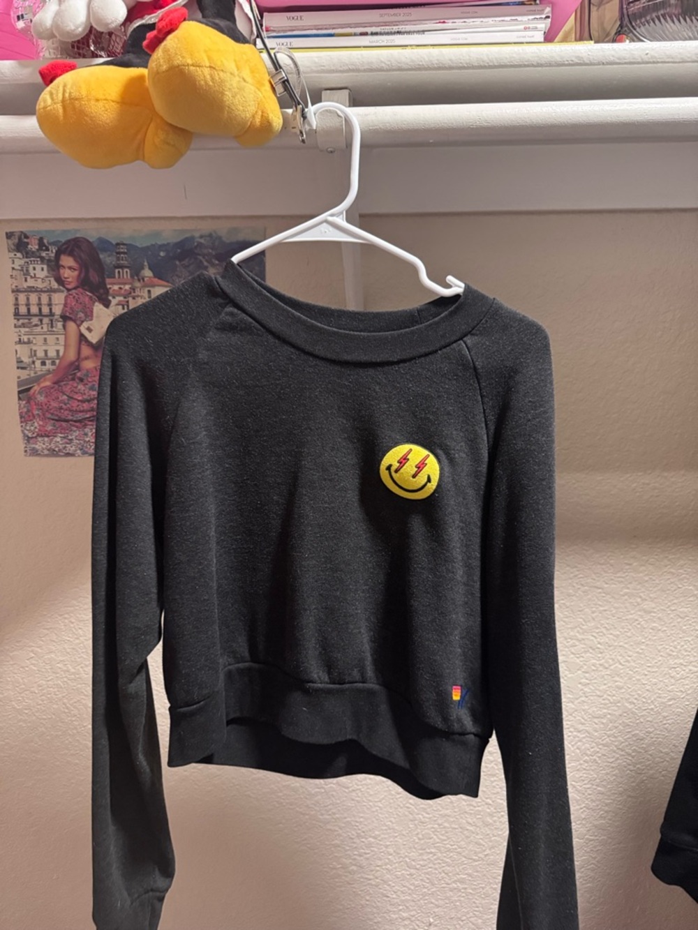 Aviator Nation Cropped Crewneck Sweatshirt Smiley Patch Lightning Bolt Women's L
